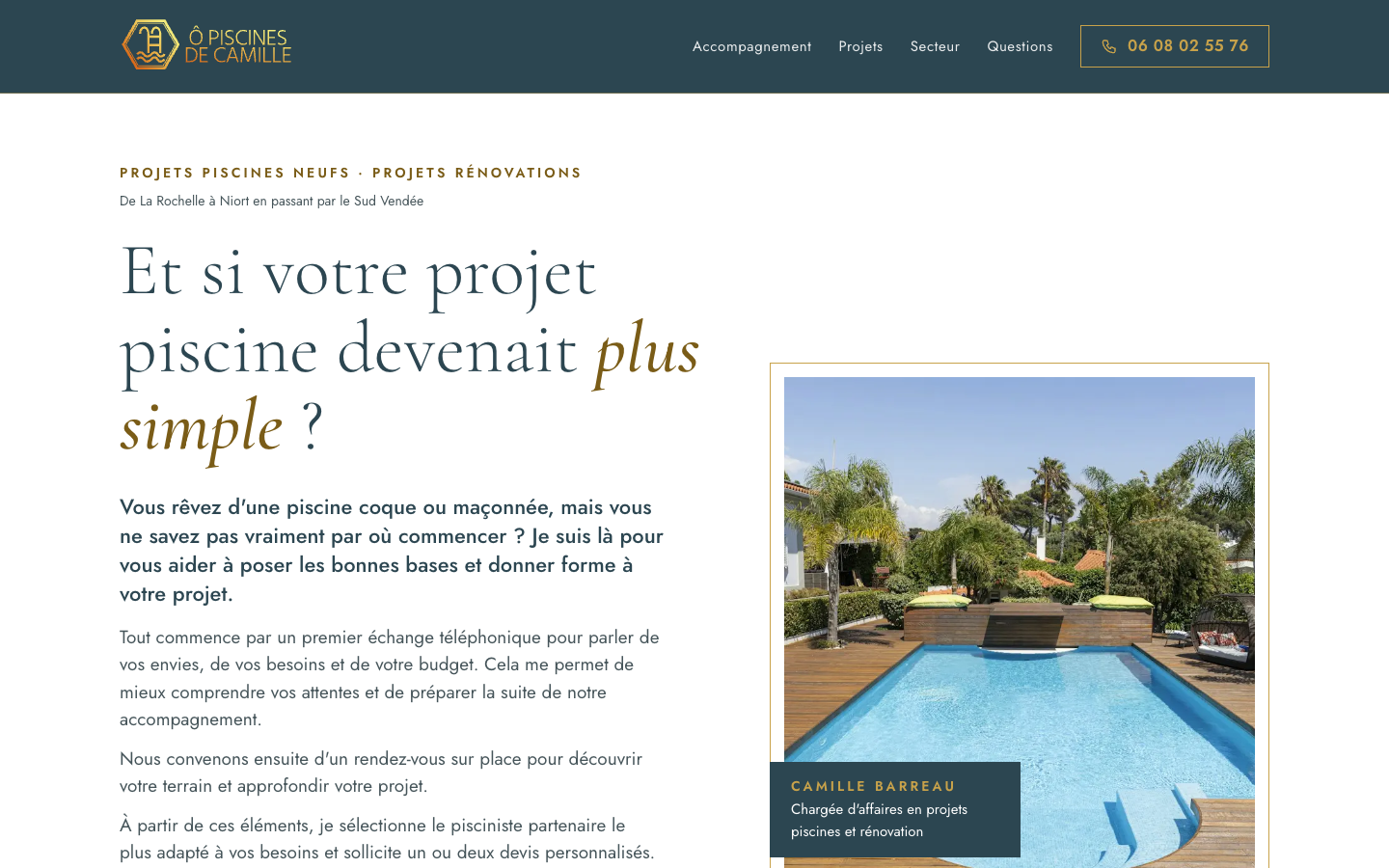 Site internet créé par Luwen pour Ô Piscines de Camille, projets piscines de La Rochelle à Niort